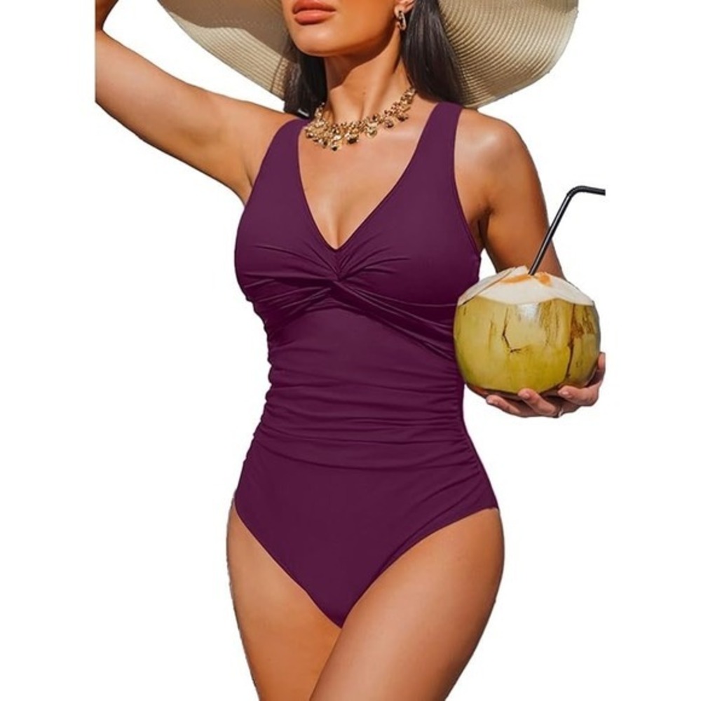Holipick Womens One Piece Swimsuit Burgundy Ruched Twist Front V-Neck Size M NEW